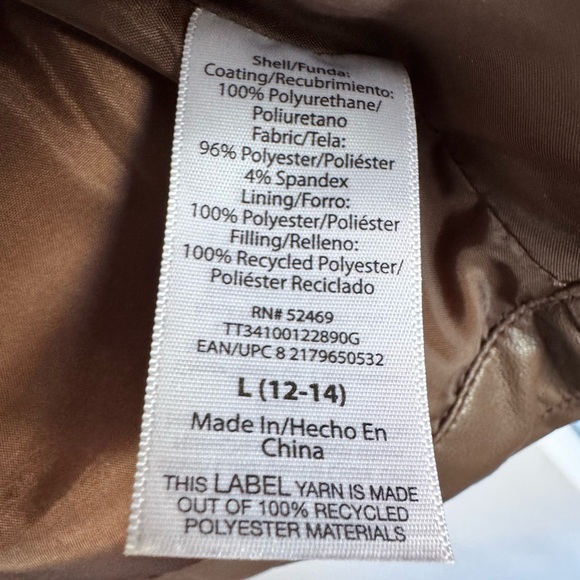 Faux Leather Time & Tru Brown Puffer Jacket, Women’s Size L, Machine Washable - Picture 2 of 5